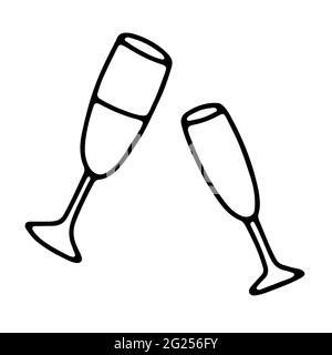 Verre vectoriel Doodle avec prosecco, champagne. Boisson de fête isolée sur fond blanc. Wineglass pour la décoration de fête, Noël du nouvel an Illustration de Vecteur