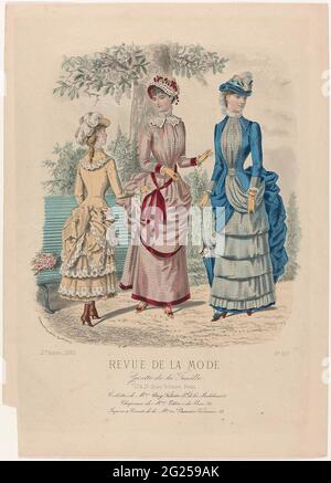 Revue de la mode, Gazette de la famille, Dimanche 1 juillet 1883 2nd Annee, No 600: Toilette de Mme Day-Falett (...). Deux femmes et une fille à un banc de jardin, vêtues des formes de Day-Falette. À gauche : jus de fille de 'Tussor' de couleur ecru, Foulard ou Batist décoré avec broderie. Milieu: JAP de batist à carreaux roses décoré de velours rouge. Capeline de paille et de dentelle blanche, doublure rouge et décorée de cerises. À droite : « toilette » de Foulard à carreaux bleus et Foulard solide. Chapeau de paille décoré de velours bleu et de plumes blanches. Avec légende de quelques lignes de texte publicitaire pour Banque D'Images