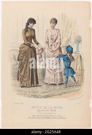Revue de la mode, Gazette de la famille, Dimanche 6 avril 1884, 13e annee, no 640: Jutons & Corsets (...). Deux femmes et une fille dans un intérieur, une femme a une poupée dans les mains. À gauche : JAP du côté beige auquel correspond une voile unie. Milieu: JAP de rose 'contemplez la soie', rose mousseline ou voile avec de petits points sur la soie rose. Collez le corsage, les épaules et le bas des manches. Gants longs en daim léger. Droit: JAP de batist bleu céleste parsemé de pâquerettes de broderie couleur ecru, adapté pour un enfant de 2 à 6 ans. Vêtements pour enfants de l'entrepôt anglais. Sous le sho Banque D'Images