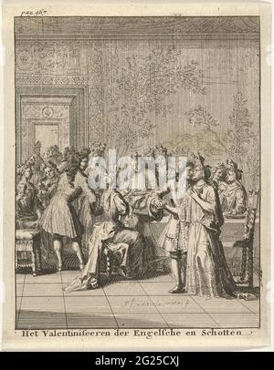Entreprise élégante dans un intérieur; la Valentineing des Anglais et des Écossais. Asseyez-vous dans un intérieur décoré et sont élégamment habillés des figures autour d'une pression de table pour converser. Une femme est faite au premier plan. Imprimer en haut à gauche, marquée: P. 467 Banque D'Images