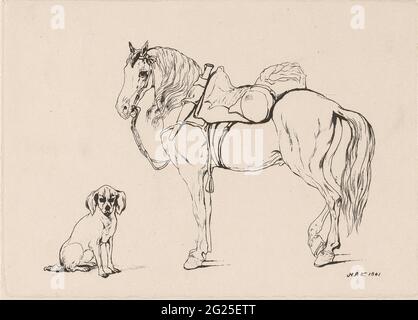 Un cheval et un chien. Etude d'un cheval à cheval avec une bride et un chien assis. Banque D'Images