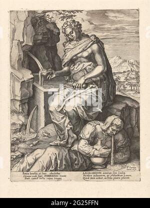 La modération surmonte la gourmandise : sept vertus et sept vices. A la source, la personnification de la modération (Sobietas) remplit un récipient d'eau et regarde la personnification de la gluttonie (Laemargiam) qui se trouve avec une carafe à vin dans ses bras sur le sol. L'imprimé a une légende latine et fait partie d'une série de vertus et de vices. Banque D'Images