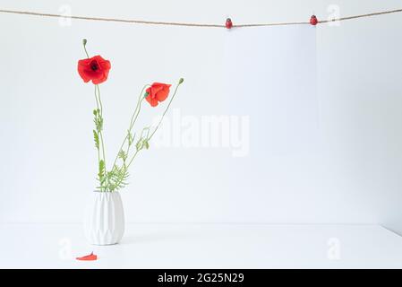 Maquette de feuille de papier blanc vierge. Drap de suspension avec épingles à linge coccinelles sur corde marron. Vase en céramique blanc avec de belles fleurs de pavot sauvages. IST d'été Banque D'Images