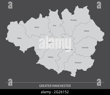 Carte administrative du Grand Manchester isolée sur fond sombre, Angleterre Illustration de Vecteur