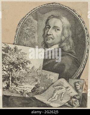 Portrait de Philips le champanje en collage. Médaillon avec un portrait de Philips le champanje découpé de l'assiette avec trois portraits d'artistes de: Arnold Houbakken, la Groote Schouburgh, partie 1, entre les pages 224 et 225. En plus du portrait de champaigne, les trois feuilles illustrées avec des dessins ou des impressions sont également coupées et assemblées sur une petite feuille de papier séparée. Une partie d'un petit paysage a été bloquée et une zone inférieure en aquarelle grise a été appliquée avec un pinceau. Banque D'Images