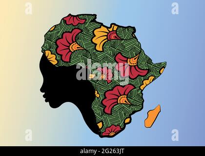 Concept de femme africaine, silhouette de visage avec turban en forme de carte de l'Afrique. Tissu à imprimé afro coloré, modèle de logo tribal Illustration de Vecteur