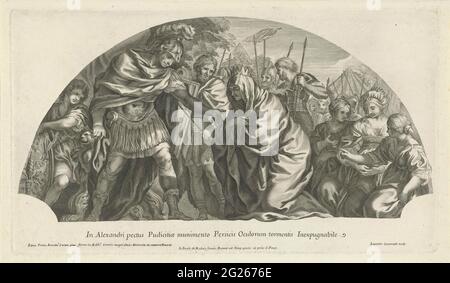 Générosité d'Alexandre le Grand. La mère de Darius, Sisygambis, s'agenouille pour le victor Alexandre le Grand. Alexandre étire sa main pour l'aider à se lever, les serviteurs et les soldats regardent. A droite, la femme de Darius et ses deux filles qui avaient pris Alexandre avec Sisygambis. Présentation en demi-cercle, dans la marge équipée d'une ligne de texte en latin. Banque D'Images