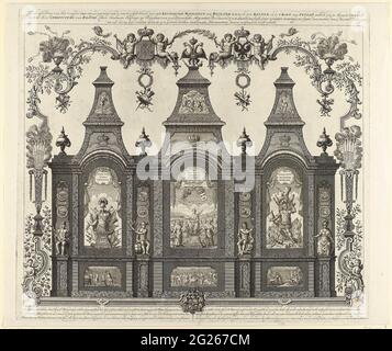 Deuxième image de la stellation du feu d'artifice pour le compte de Christoffel van Brants, 1721; deuxième image du feu de joie (...) Qu'est-ce que le serment: M. Christoffel van Brands (...) a fait des oppressions et a ensuite abaissé le 9 décembre: S: N: 1721 (...). Deuxième représentation des représentations et décorations allégoriques sur la stellation le temple de la paix pour le feu d'artifice allumé le 9 décembre 1721 sur l'intérieur-amstel au Kloveniersburgwal pour la célébration de la paix de Nystad conclu entre la Russie et la Suède le 10 septembre 1721. Les feux d'artifice commandés par Christoffel van Brants, représentent Banque D'Images