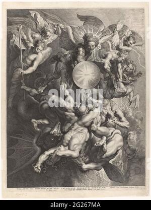 L'Archange Michael combat les Anges de la Rebel. Au cours des siècles, de nombreuses peintures ont inévitablement été perdues. C'est également le cas de l'image de Rubens sur laquelle Vorsterman a basé cette impression. Il est accroché à l'église jésuite de Lille (France) et a été détruit par un incendie en 1740. Pour sa représentation spectaculaire, Rubens s'est appuyé sur la Révélation à Jean, un livre biblique de visions prophétiques sur l'Apocalypse. Banque D'Images