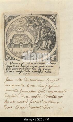 Angel montre Jean la nouvelle Jérusalem; Apocalypse de Jean sur Patmos; icone Revelationum S Johs évangéliste dans Pathmo. Un ange montre Jean la nouvelle Jérusalem (céleste). Johannes écrit dans un livre. Au-dessus de la ville, le Saint-Esprit (comme pigeon) et un tétragramme. Une légende de quatre lignes en latin dans la marge. Vingt-quatrième impression d'une série de vingt-quatre avec la Révélation de Jean sur Patmos. Banque D'Images