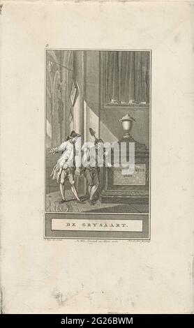 Deux hommes à une tombe; de Grysaart. Un creuseur de la mort se tient avec une pelle sur son épaule à une tombe dans une église. À côté de lui est un homme qui propose un poème sur l'homme de cent ans qui est enterré ici. Banque D'Images