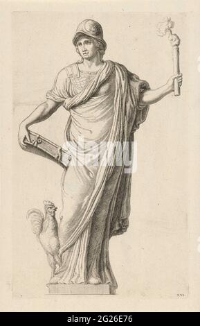 Image de vigilantia (vigilance) à l'arrière de l'hôtel de ville sur le barrage. Image de vigilantia, la personnification de la vigilance, juste sur le timpano à l'arrière (côté ouest) de l'hôtel de ville sur Dam Dam Dam à Amsterdam. Sur sa tête un casque, un coq à ses pieds. D'une part un livre, de l'autre une torche brûlante. Légal sous numéroté: XVI Banque D'Images