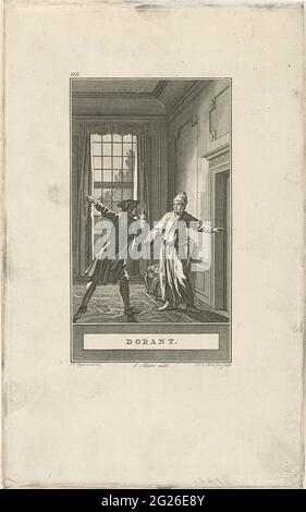 Avertissement d'un ami; Dorant. Un ami avertit dorant, vêtu d'une robe de chambre, qu'il doit être prudent pour les hommes qui veulent enfanter sa femme. Dorant donne ensuite l'affectation d'ouvrir toutes les portes. Banque D'Images