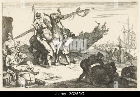 Port avec marchands et chameau; ports italiens; Aliquici Pandus. Port avec des marchands étrangers prenant un chameau. Sur la gauche au premier plan deux hommes et sur la droite deux marchands dans le temps avec une charge. En arrière-plan commerçants étrangers et voiliers. Septième impression à partir d'une série de douze avec ports italiens. Banque D'Images