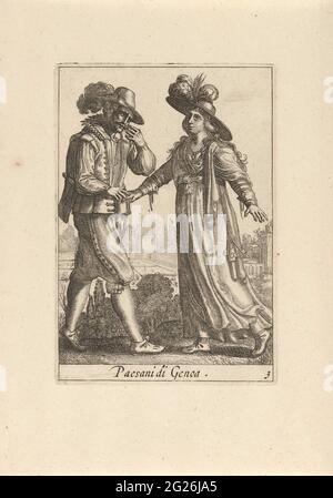 Couple de ferme vêtu selon la mode génoise; Paesani di Gênes; costumes d'Italie. Paysage avec couple de ferme habillé de mode de Gênes, Italie. Le couple tient la main de l'autre et s'est tourné l'un vers l'autre pour les pieds dehors. L'homme porte un pantalon de genou et de la confiture, la tête est diagnostiquée avec un chapeau fendu. La femme est habillée dans une robe simple et porte un chapeau large-drainant, également avec le panache. L'imprimé fait partie d'une série de tirages à double tirage avec des costumes italiens. Banque D'Images