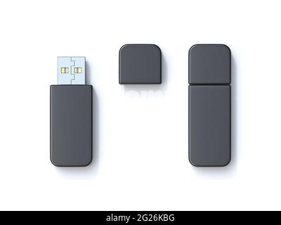 Modèle de lecteur flash USB noir illustration de rendu 3D isolée sur fond blanc Banque D'Images