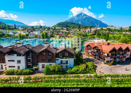 La ville de Spiez et le lac de Thoune vue panoramique aérienne, canton de Berne en Suisse Banque D'Images