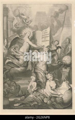 EMAG, Eternity and Writing art; page de titre pour Louis Moréri, le Grand Dictionnaire historique, 1731. Au milieu trois personnifications ailées : Faam est au premier plan et signe une carte. Elle regarde une chaîne de médaillons avec des portraits de princes; d'une part, l'éternité porte une chaîne de médaillons avec des portraits et, d'autre part, le signe de l'infini, l'anneau D'OUROBOROS. Sur la gauche, il écrit l'art. elle écrit tout dans un grand livre sur lequel le titre du livre travaille. Autour d'eux des figures importantes de l'histoire, comme les papes et les rois. En arrière-plan, le temps est passé avec un zeis. Banque D'Images