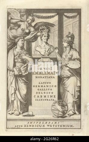 Sculpture et peinture honorent le buste d'Otto van Veen; page de titre d'Otto van Veen, Emblemata Horatiana, 1684. Page de titre avec un piédestal au milieu avec le buste du peintre Otto van Veen. Peinture Personnalisation et stamétrie de la sculpture autour de l'image. Faam survole l'image et la couronne avec une couronne de Laurier. Sur le piédestal le titre du livre de travail. Banque D'Images