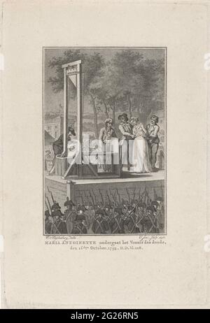 Marie Antoinette est prise à la guillotine, 1793. Marie-Antoinette est amenée à la guillotine le 16 octobre 1793 sur la place de la Révolution (aujourd'hui place de la Concorde). Soldats au premier plan, vus à l'arrière-plan. Dans la marge une légende à deux personnes en néerlandais. Banque D'Images