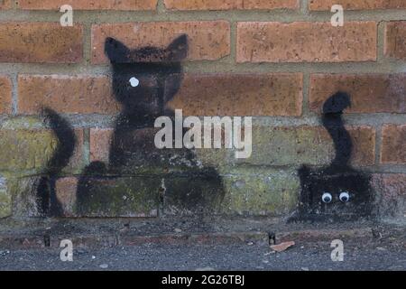 Wokingham, Royaume-Uni. 8 juin 2021. Pochoirs de chat noir par un artiste de rue surnommé 'Catsy' par des résidents locaux appréciatifs. On pense qu'il y a environ 30-40 pochoirs noirs de chat, dont la plupart avec des yeux de bâton, pulvérisés autour de la ville par l'artiste anonyme de rue. Crédit : Mark Kerrison/Alamy Live News Banque D'Images