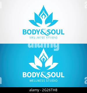 Modèle de logo Vector yoga, Wellness, spa studio. Silhouette de femme et illustration de fleur de lotus. Illustration de Vecteur