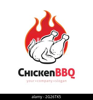 Modèle de motif de logo de poulet grillé avec flammes. Barbecue concept en dessin animé style art ligne, symbole. Illustration de Vecteur