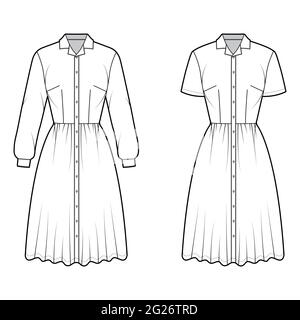 Ensemble de robes chemise technique mode illustration avec manches courtes longues, col de camp, longueur genou jupe complète, fermeture à bouton. Vêtements plats sur le devant, coloris blanc. Femmes, hommes unisex CAD Illustration de Vecteur