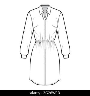 Robe chemise technique mode illustration avec fronces taille, manches longues, ajusté, jupe crayon, col classique, fermeture de bouton. Vêtements plats sur le devant, coloris blanc. Femmes, hommes unisex CAD maquette Illustration de Vecteur