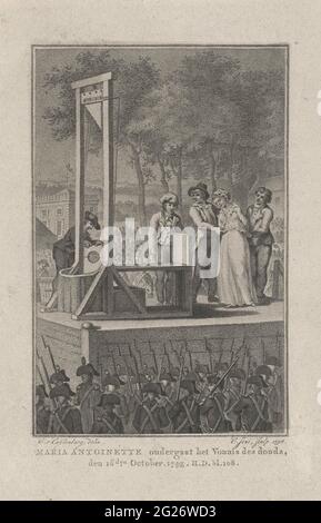 Marie Antoinette est prise à la guillotine, 1793. Marie-Antoinette est amenée à la guillotine le 16 octobre 1793 sur la place de la Révolution (aujourd'hui place de la Concorde). Soldats au premier plan, vus à l'arrière-plan. Dans la marge une légende à deux personnes en néerlandais. Banque D'Images