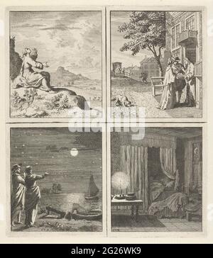 Le ciel / bijoux / lune et étoiles / nuit de sommeil. Quatre représentations. En haut à gauche: Une femme dans un paysage, tandis qu'elle lève ses mains en merveille et regarde au ciel. En haut à droite : deux hommes et une femme devant un bijoutier, tandis qu'ils regardent les diamants dans une boîte à bijoux. Sur la rue un chien et une calèche sur le pont. En bas à gauche : un homme et une femme regardant au-dessus de l'eau jusqu'à la lune et les étoiles. Un voilier sur l'eau. En bas à droite : une chambre avec une bougie sur la table. Quelqu'un dort au lit. Banque D'Images