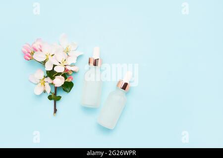 Deux flacons compte-gouttes en verre à usage médical et cosmétique et fleurs de pommiers sur fond bleu clair. Concept SPA. Vue de dessus, espace de copie Banque D'Images