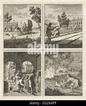 Fourgon de foin / blanchiment de linge / récipients de bière / Simson libère les renards avec torches de combustion. Quatre représentations. En haut à gauche : un chariot de foin tiré par trois chevaux. En haut à droite les gens au travail sur un pré, sur lequel le linge est blanchi. En bas à gauche : un stockage avec des récipients à bière. Un homme a tiré d'un canon sous l'œil vigilant de deux autres hommes. En bas à droite: Simson lie une torche sur les queues de deux renards. Il contrôle le champ de céréales des Philistins de sorte que le champ vole au feu. Banque D'Images