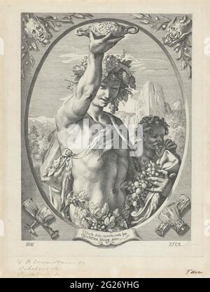 Bacchus et PAN. Pour un paysage, Bacchus est à portée de main avec un bouquet de raisins et un bol à boire. En plus de lui, Pan est un enfant avec un raisin. Deux mangeurs et différents verres à boisson sont illustrés dans les coins du cadre. Banque D'Images