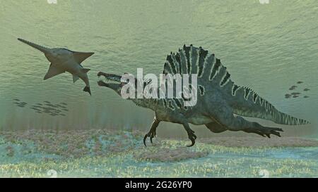 Spinosaurus aegyptiacus chasse Onchopristis numida. Banque D'Images