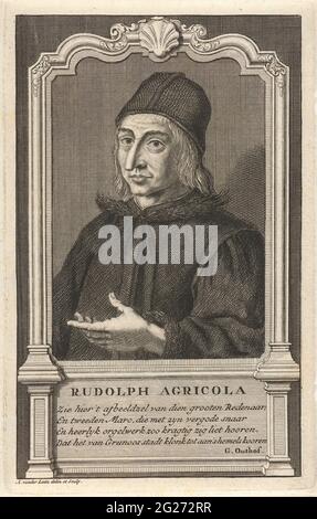 Portrait Rudolf d'agricola. Portrait buste à la gauche de Rudolf d'Agricola, reformeur d'église et de langue latine, avec headaddress. Autour d'un cadre ornemental, sous le portrait le nom du dépeint et un verset hollandais à quatre lignes. Banque D'Images