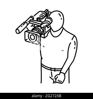 Le caméraman fait partie des activités de radiodiffusion jeu d'icônes vectorielles dessinées à la main. Illustration de Vecteur