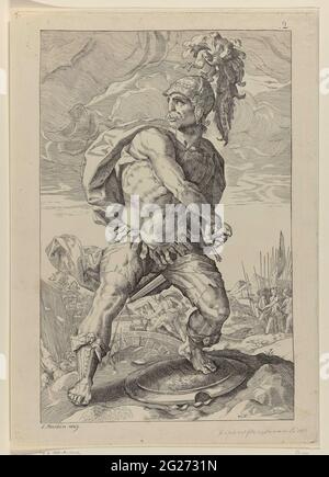 Titus Manlius Torquatus ; héros romains. Le Tite Manlius Torquatus a tenu ses pieds, tout en tirant son épée hors de la gaine. En arrière-plan, vous pouvez voir comment il bat une Gaule. Banque D'Images