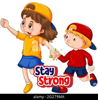 Restez fort police dans le style de dessin animé avec deux enfants ne gardez pas la distance de social isolée sur l'illustration de fond blanc Illustration de Vecteur