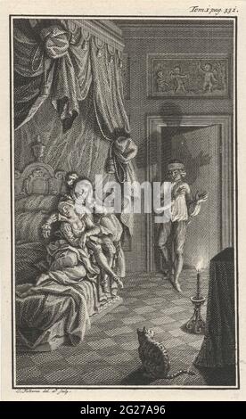 L'homme a attrapé sa femme avec l'amant. Un homme dans des vêtements de nuit entre dans une chambre à coucher éclairée rare. Choqué, il regarde un homme et une femme qui se pencha pour dormir au lit l'un contre l'autre. Imprimer en haut à droite étiqueté: Tom 1 page. 331. Banque D'Images