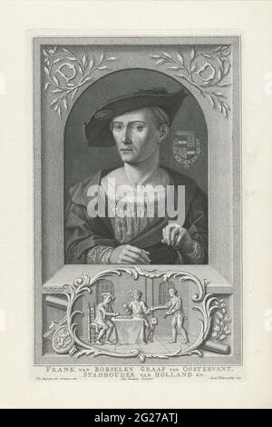 Portrait de Frank van Borselen. Portrait dans la moitié de la façade sous un bar du noble Zeeland Frank van Borselen, avec chapeau. Une couche couronnée de bras est montrée à droite du noble. Au-dessous du portrait se trouve une compagnie de jeu représentée, entourée d'une table gracieuse. Le nom et les titres du sont dans la marge. Banque D'Images