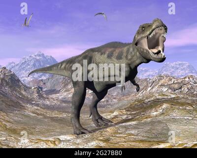 Tyrannosaurus rex hurlant dans la nature par jour. Banque D'Images