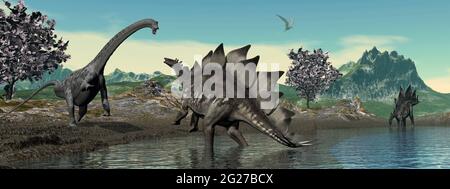 Les dinosaures de Brachiosaurus et de Stegosaurus dans un conflit territorial au bord de l'eau. Banque D'Images