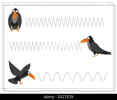jeu d'entraînement à l'écriture manuscrite pour les enfants, point à point, corbeau, halloween. vecteur isolé sur fond blanc. Illustration de Vecteur