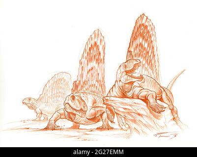 Croquis au crayon sanglant de Dimetrodon, au début du Permien. Banque D'Images