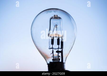 Vue des bobines de filament et de l'intérieur d'une ampoule halogène. Les ventes de lampes halogènes seront interdites à partir de septembre, avec des lampes fluorescentes haute énergie pour suivre, dans le cadre des plans climatiques du gouvernement. Date de la photo: Mardi 8 juin 2021. Banque D'Images