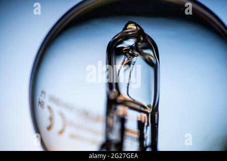 Vue des bobines de filament et de l'intérieur d'une ampoule halogène. Les ventes de lampes halogènes seront interdites à partir de septembre, avec des lampes fluorescentes haute énergie pour suivre, dans le cadre des plans climatiques du gouvernement. Date de la photo: Mardi 8 juin 2021. Banque D'Images
