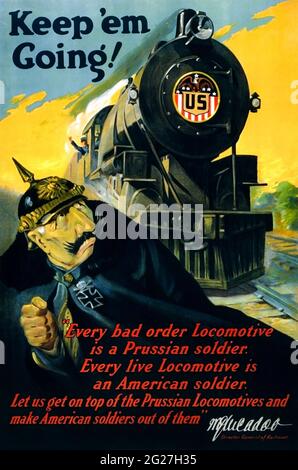 Imprimé du XXe siècle d'un soldat allemand fuyant d'une locomotive portant l'insigne américain. Banque D'Images