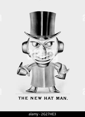 Imprimé américain d'histoire de la mode du XIXe siècle d'un homme fait de chapeaux, indiquant la dernière tendance de la mode à l'époque. Banque D'Images