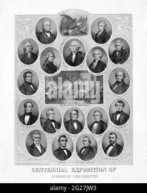 Imprimé présentant des portraits des présidents américains, créé pour l'exposition du centenaire en 1876. Banque D'Images